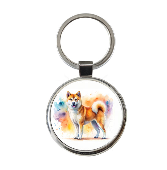 Akita Dog Watercolor Style Round Metal Keychain