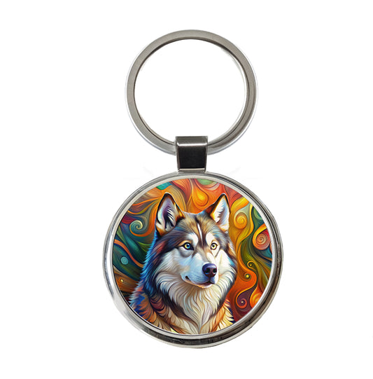Alaskan Malamute Dog Abstract Art Round Metal Keychain