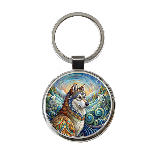 Alaskan Malamute Dog Art Nouveau Round Metal Keychain