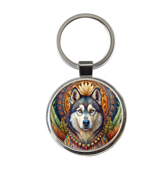 Alaskan Malamute Dog Bohemian Art Round Metal Keychain
