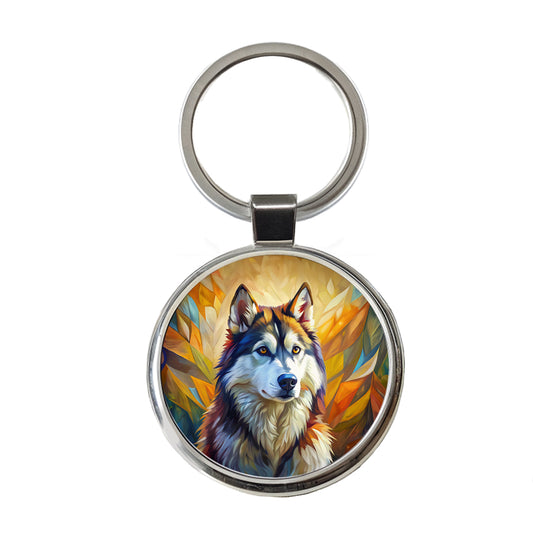 Alaskan Malamute Dog Expressionism Art Round Metal Keychain