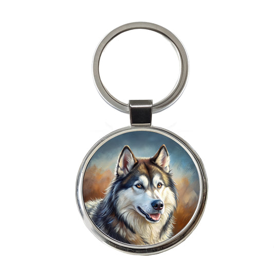Alaskan Malamute Dog Illustration Round Metal Keychain