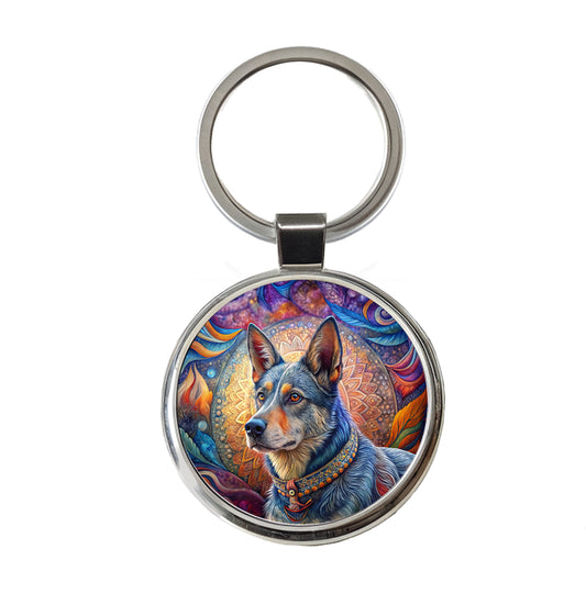 Australian Cattle Dog Bohemian Art Round Metal Keychain