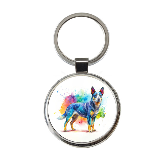 Australian Cattle Dog Watercolor Style Round Metal Keychain