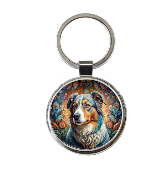 Australian Shepherd Dog Bohemian Art Round Metal Keychain