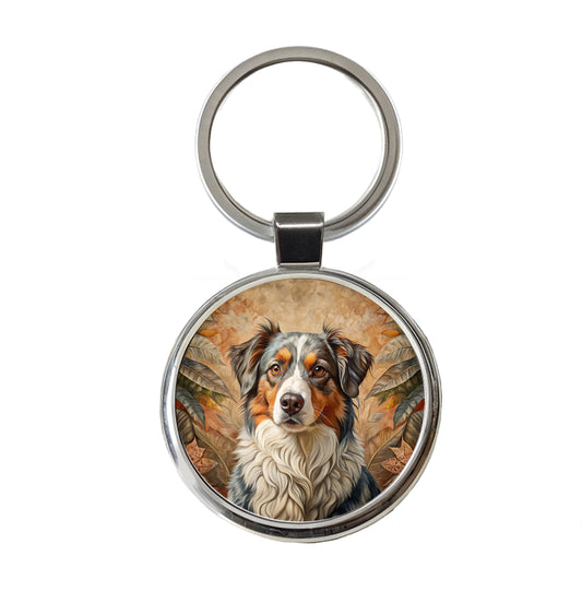 Australian Shepherd Dog French Bohemian Art Round Metal Keychain