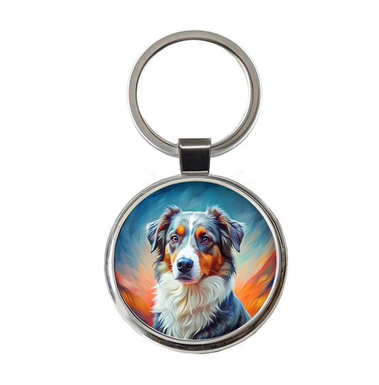 Australian Shepherd Dog Pop Art Round Metal Keychain