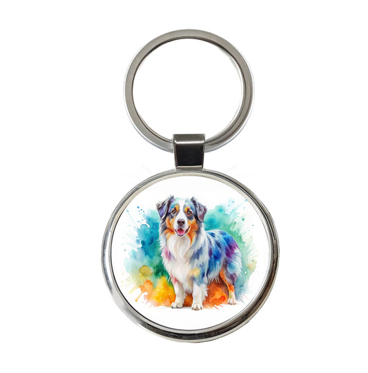 Australian Shepherd Dog Watercolor Style Round Metal Keychain