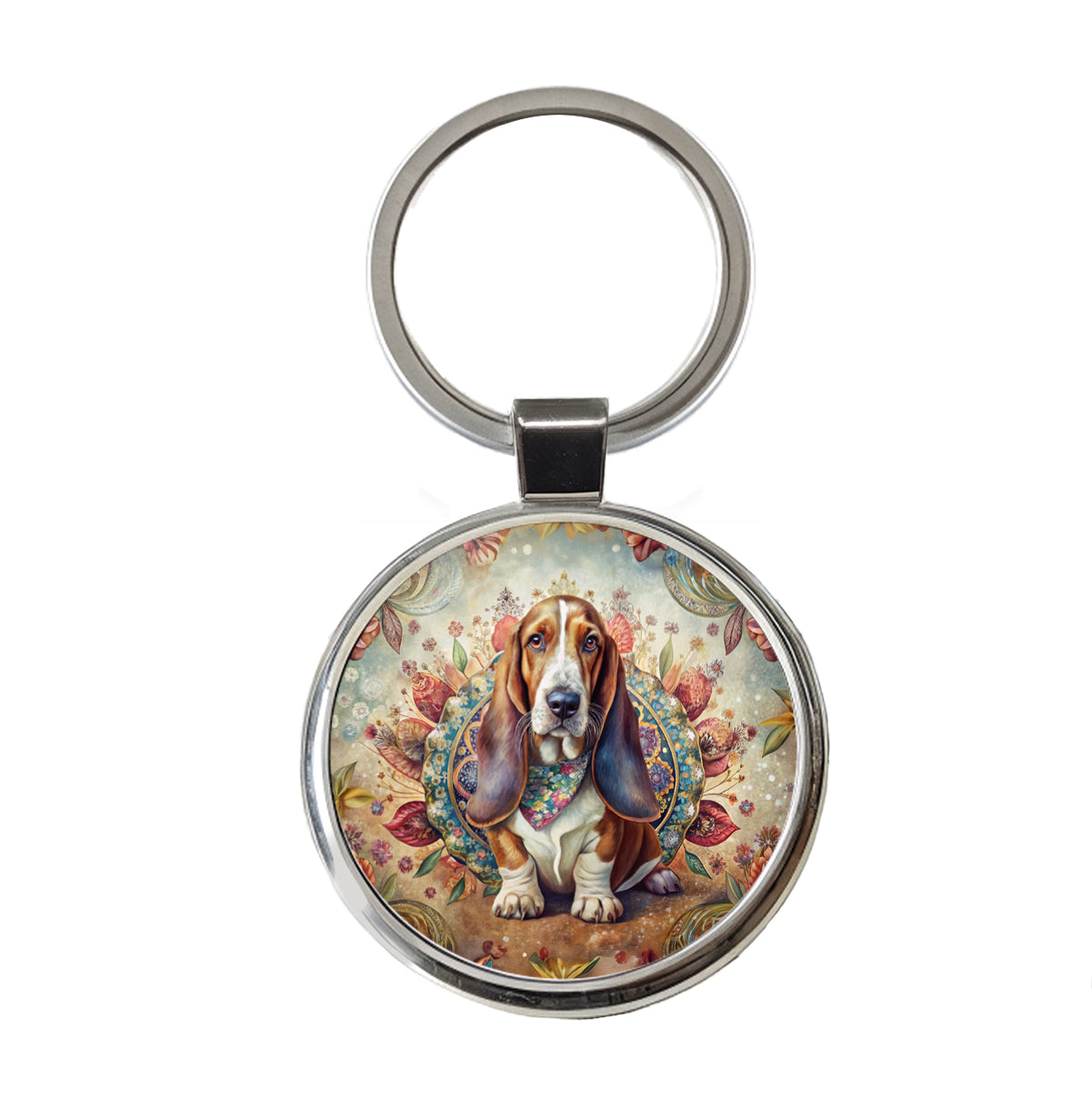 Basset Hound Dog French Bohemian Art Round Metal Keychain