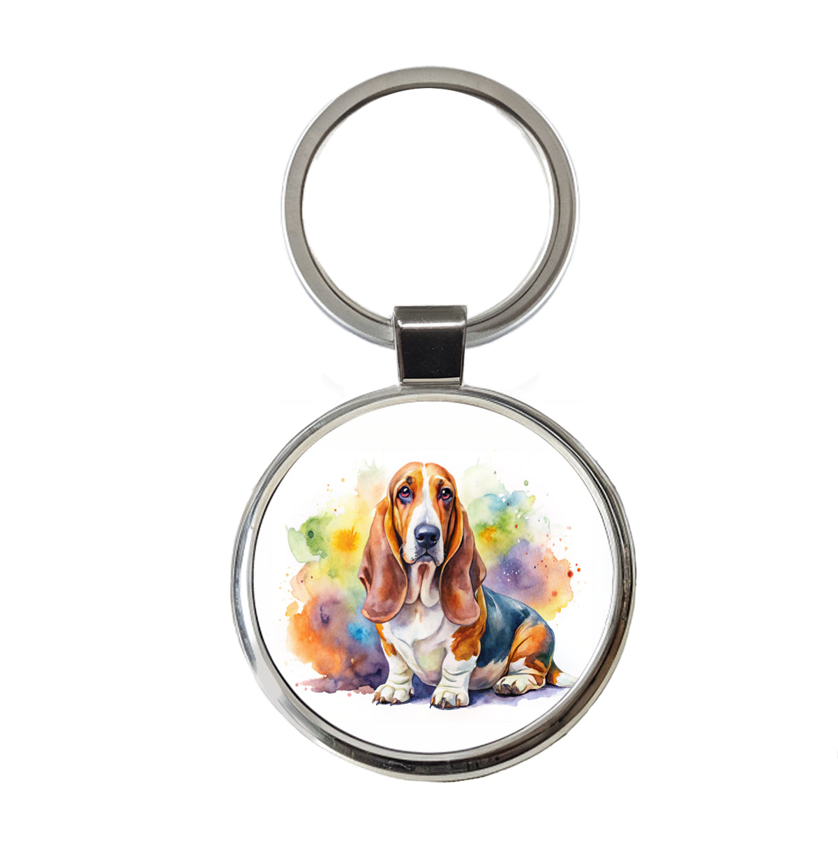 Basset Hound Dog Watercolor Style Round Metal Keychain