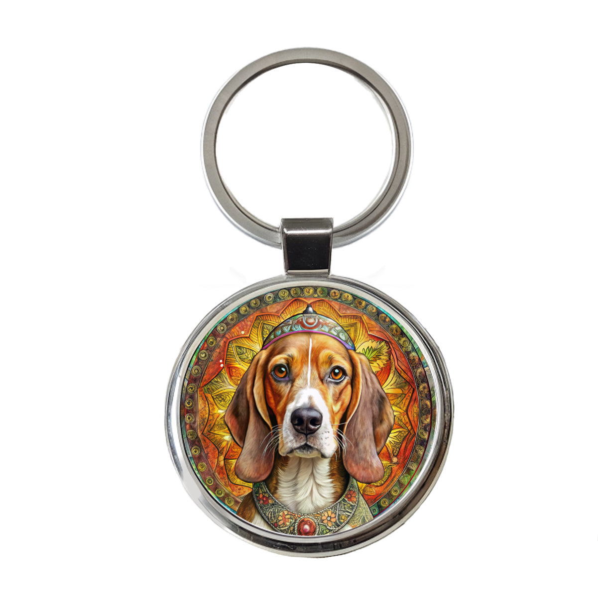 Beagle Dog Bohemian Art Round Metal Keychain