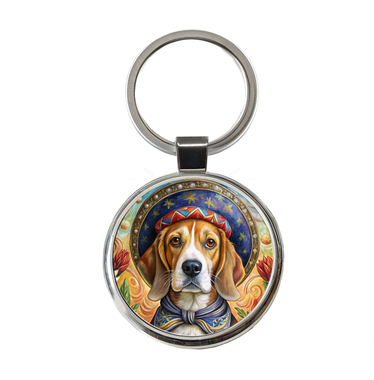 Beagle Dog French Bohemian Art Round Metal Keychain