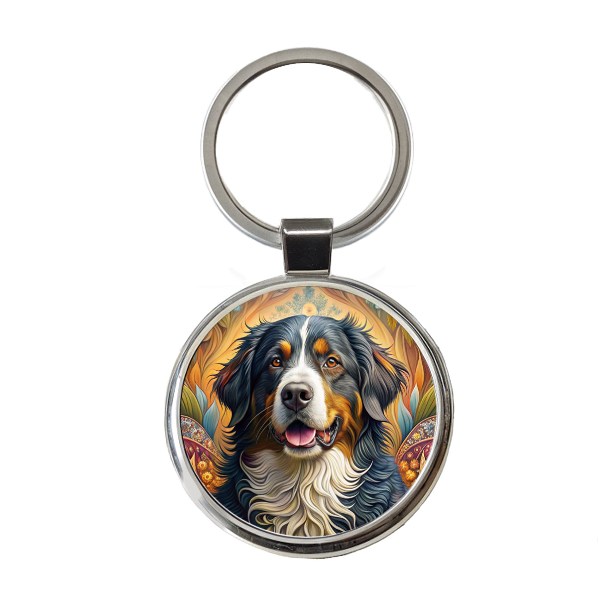 Bernese Mountain Dog Bohemian Art Round Metal Keychain