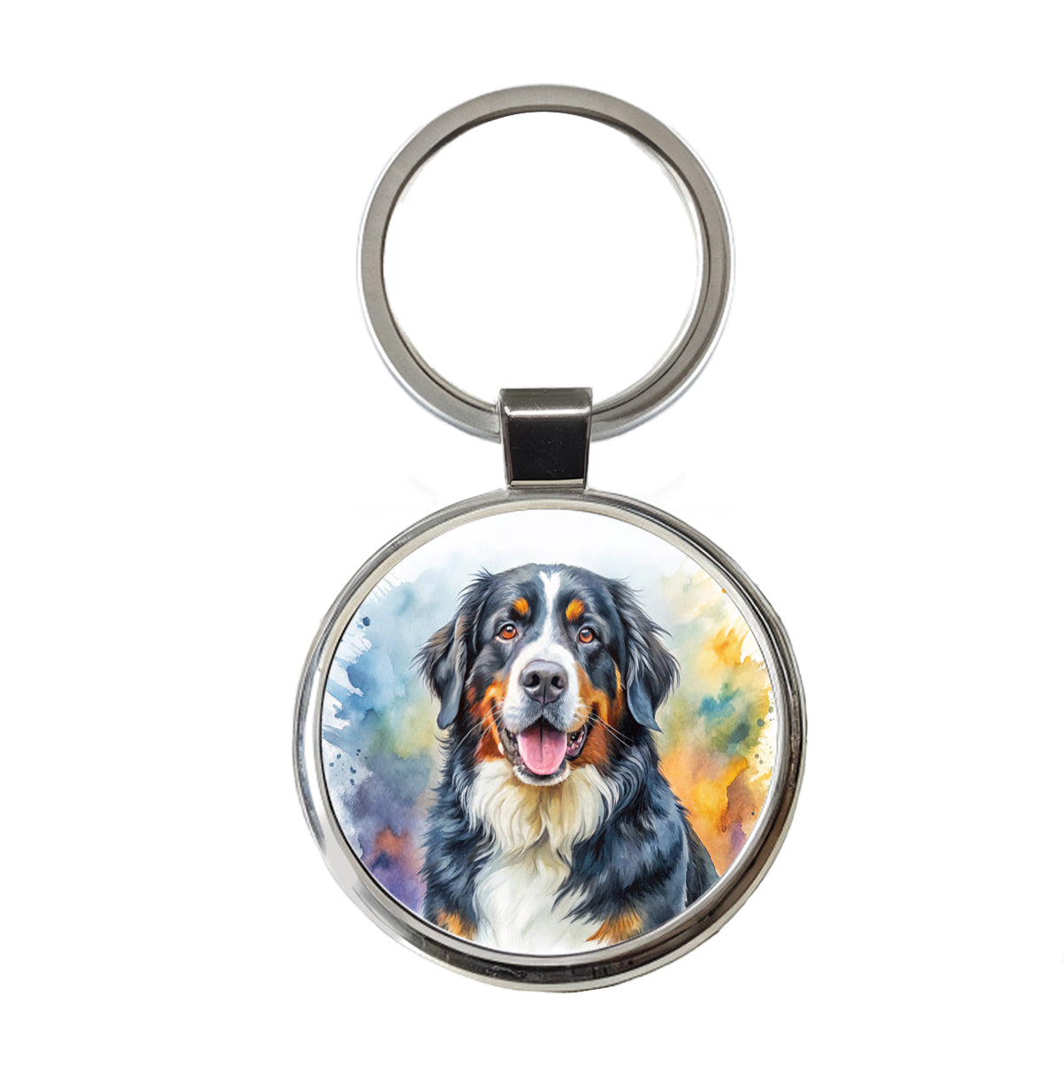 Bernese Mountain Dog Watercolor Style Round Metal Keychain
