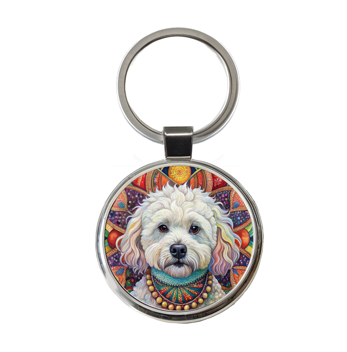 Bichon Frise Dog Bohemian Art Round Metal Keychain