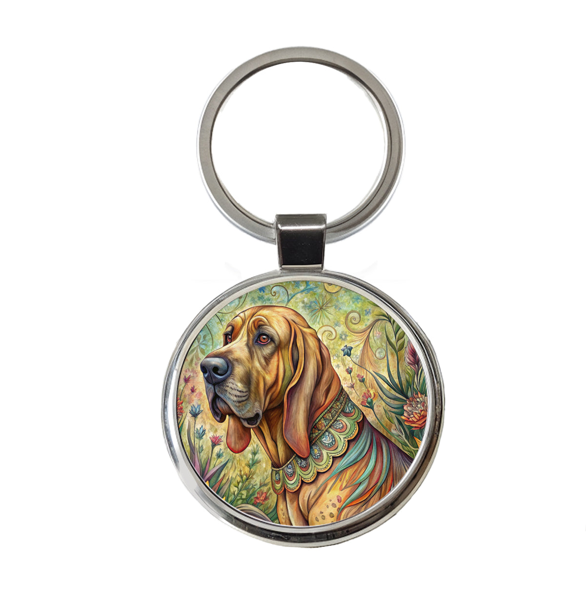 Bloodhound Dog French Bohemian Art Round Metal Keychain
