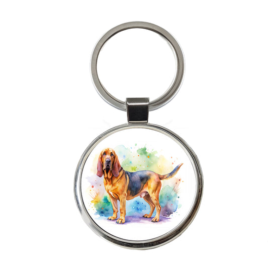 Bloodhound Dog Watercolor Style Round Metal Keychain