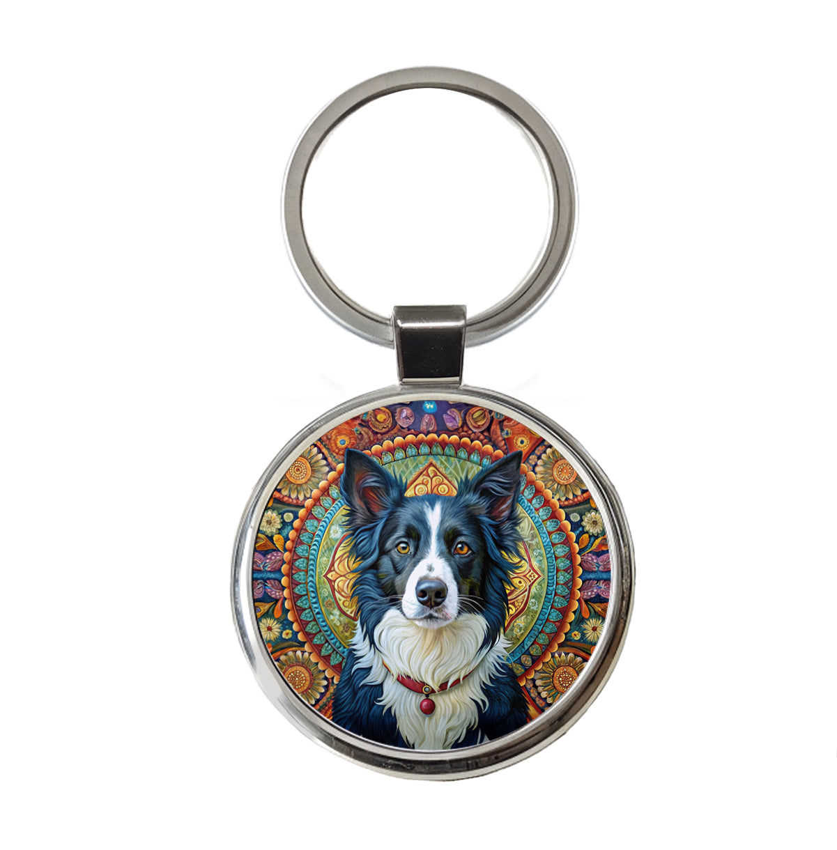 Border Collie Dog Bohemian Art Round Metal Keychain