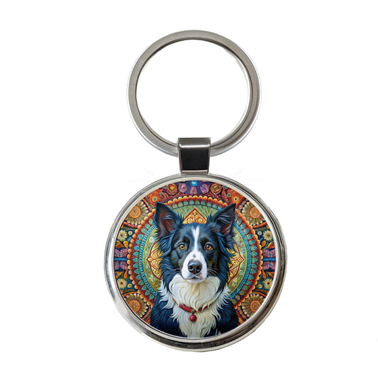 Border Collie Dog Bohemian Art Round Metal Keychain