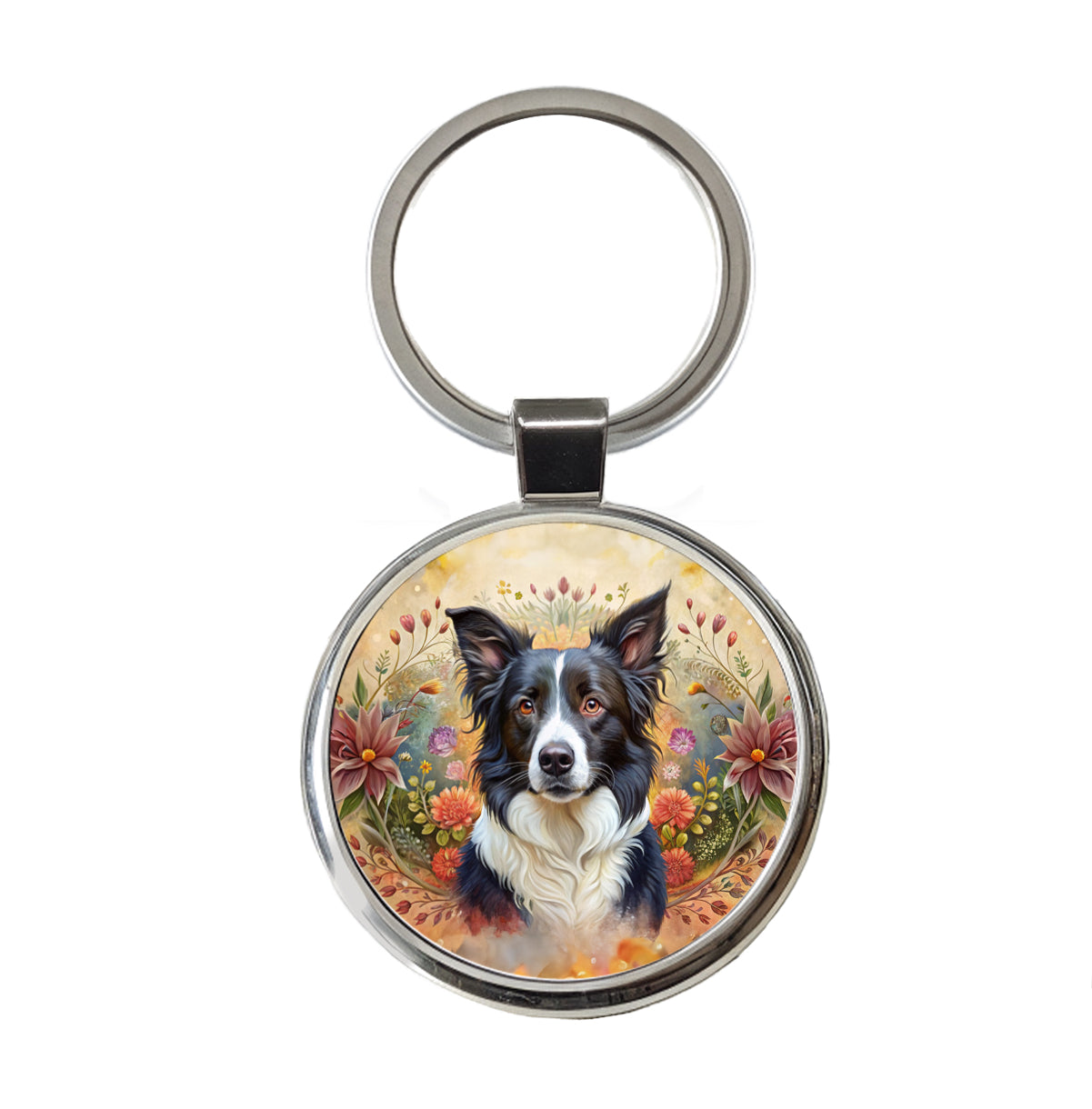 Border Collie Dog French Bohemian Art Round Metal Keychain