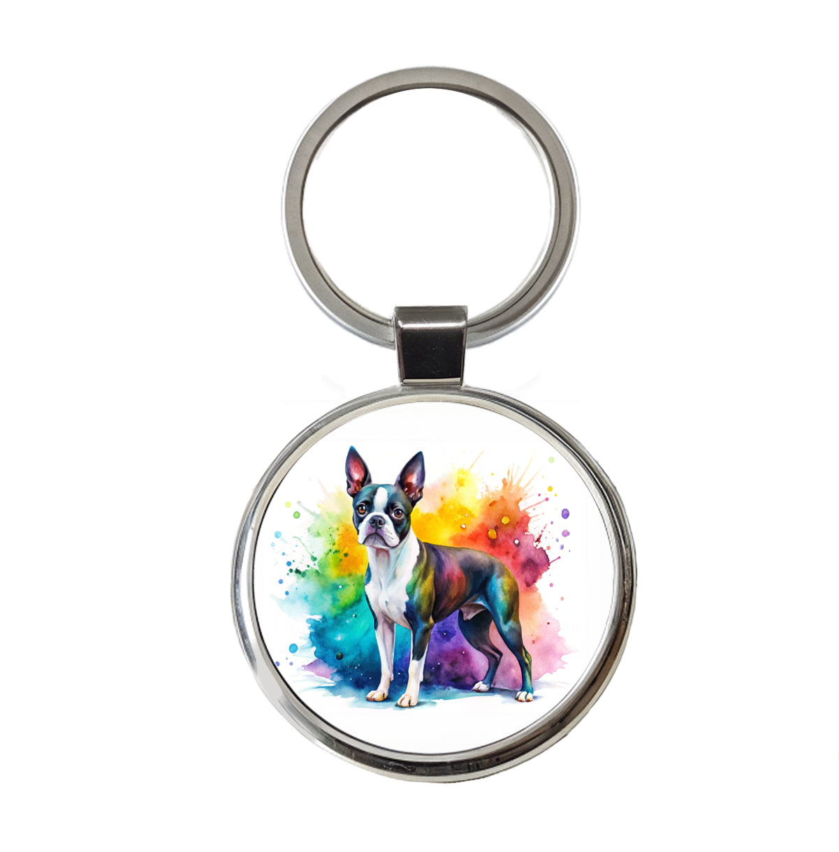 Boston Terrier Dog Watercolor Style Round Metal Keychain