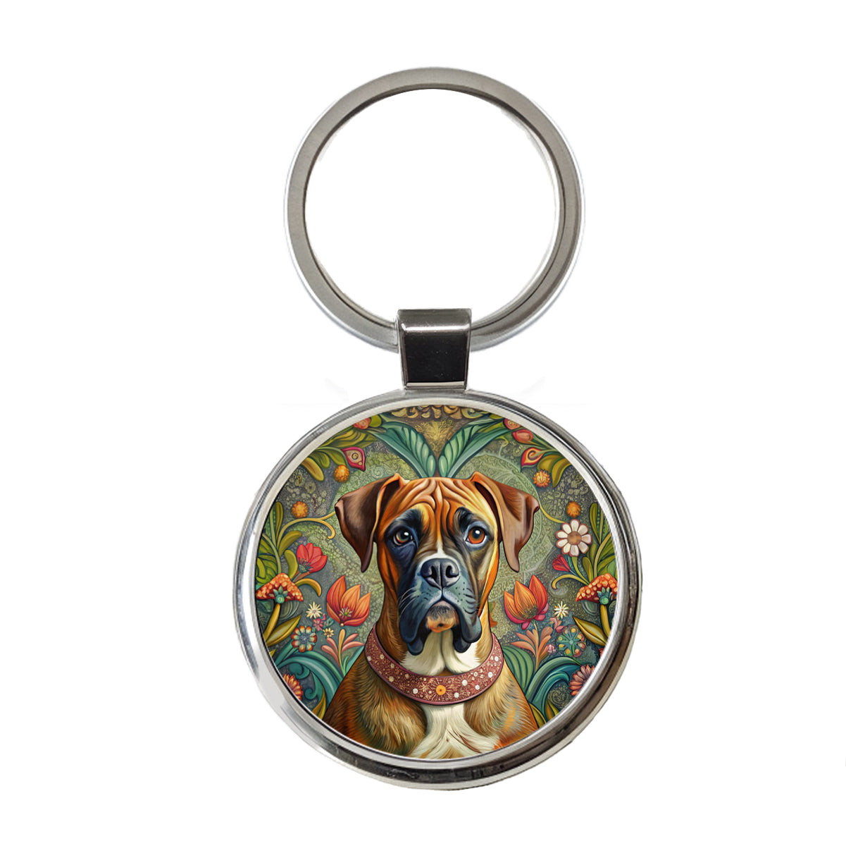 Boxer Dog French Bohemian Art Round Metal Keychain