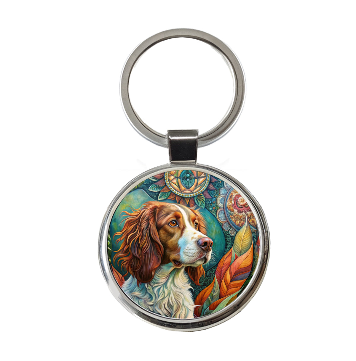 Brittany Spaniel Dog Bohemian Art Round Metal Keychain