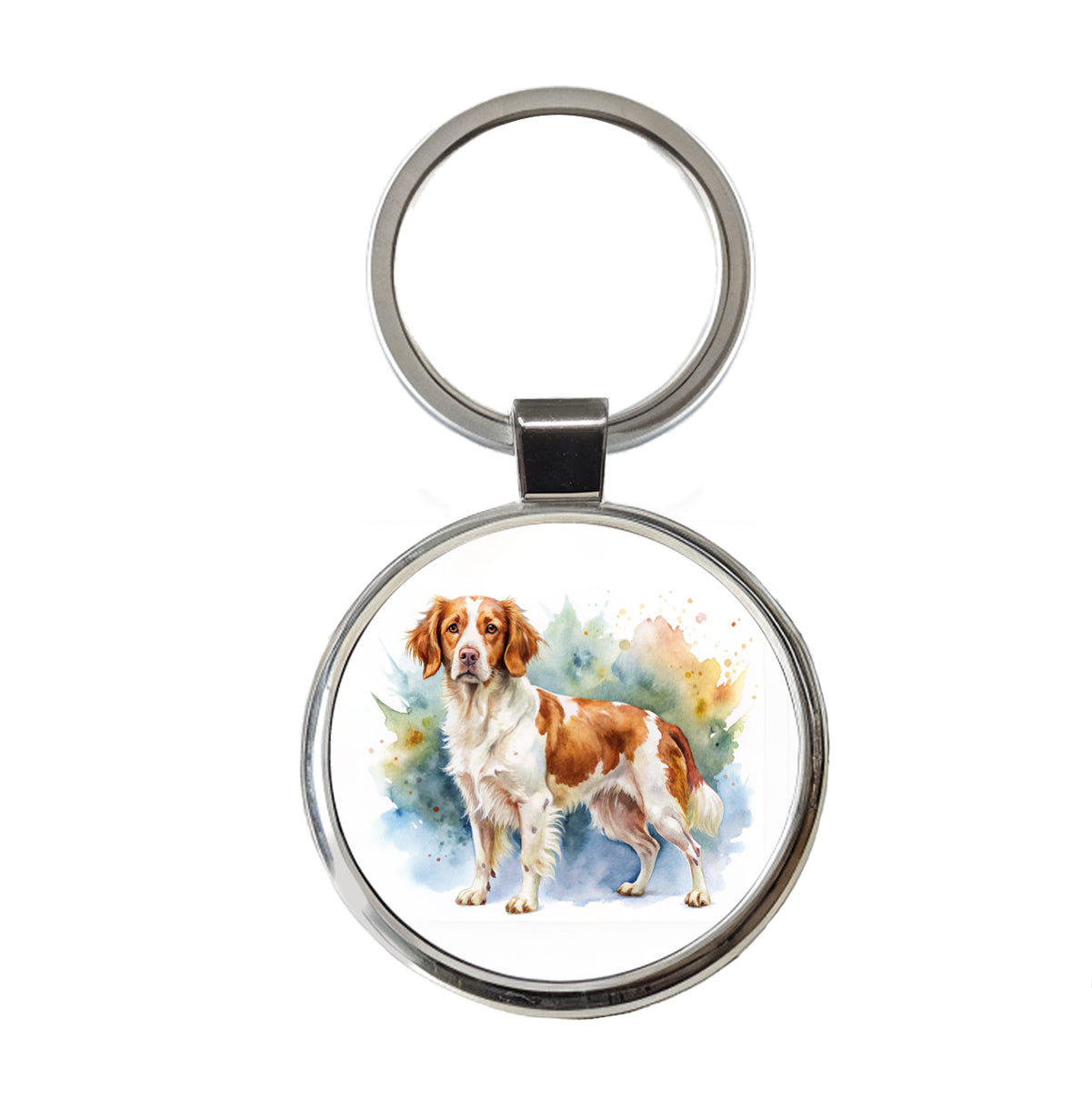 Brittany Spaniel Dog Watercolor Style Round Metal Keychain