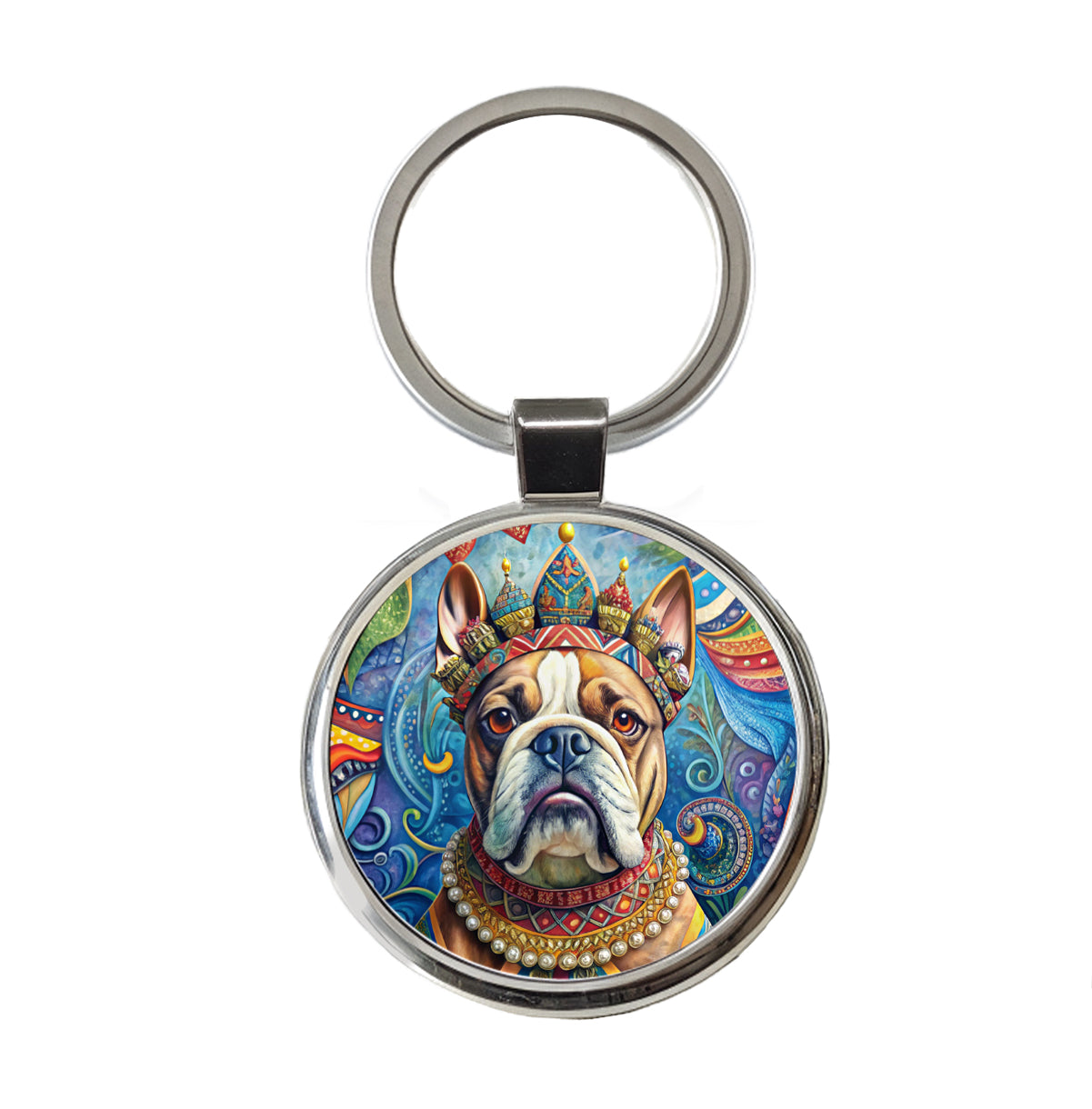 Bulldog Dog French Bohemian Art Round Metal Keychain