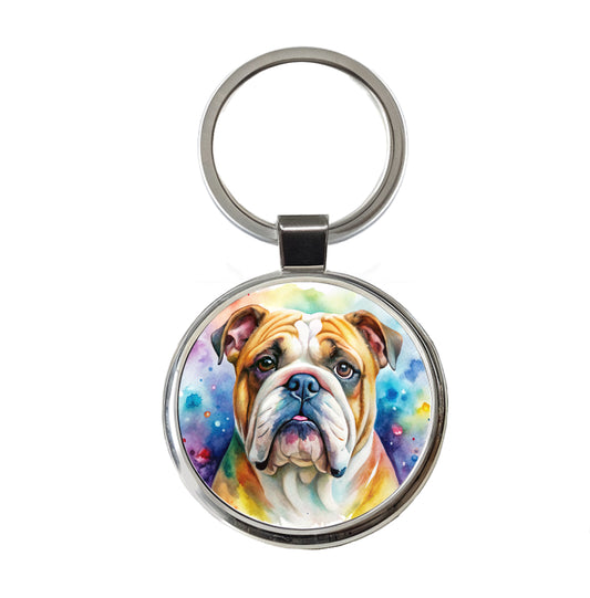 Bulldog Dog Watercolor Style Round Metal Keychain