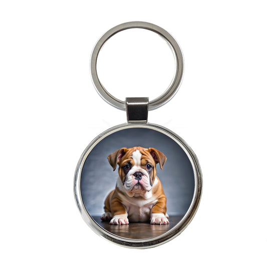 Bulldog Puppy Photo Round Metal Keychain