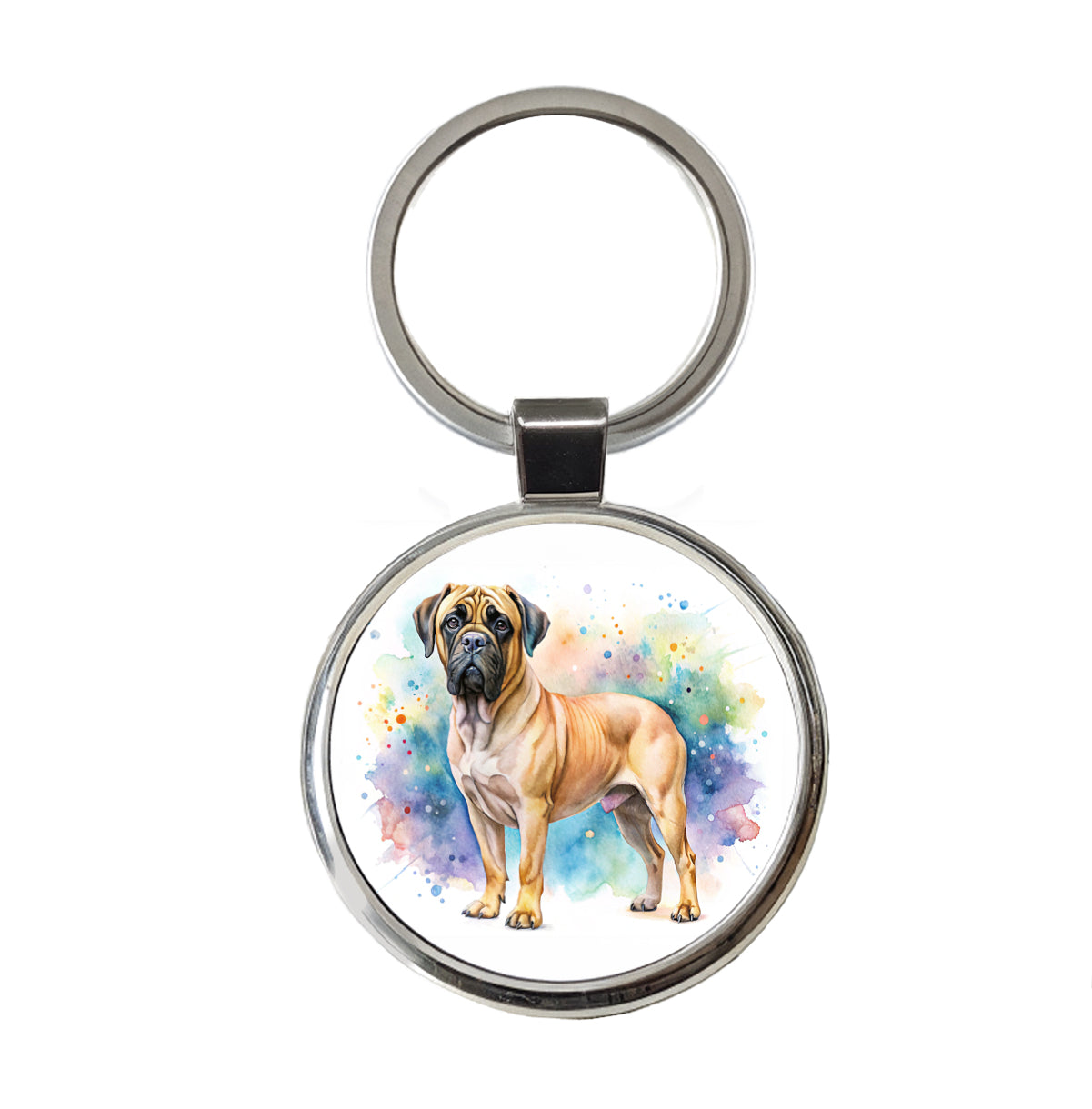 Bullmastiff Dog Watercolor Style Round Metal Keychain