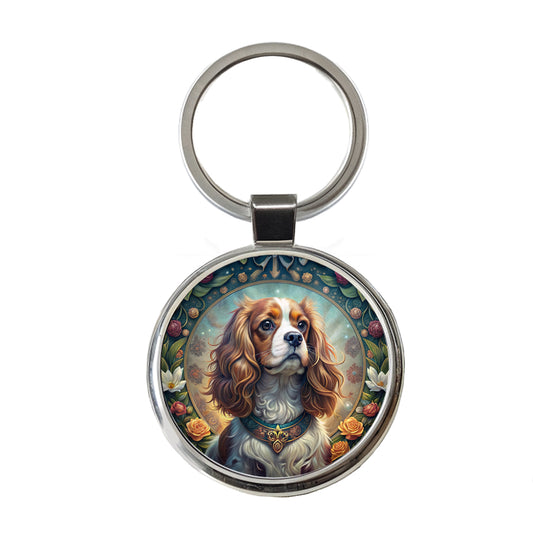 Cavalier King Charles Spaniel Dog Art Nouveau Round Metal Keychain