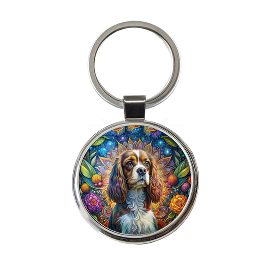 Cavalier King Charles Spaniel Dog Bohemian Art Round Metal Keychain