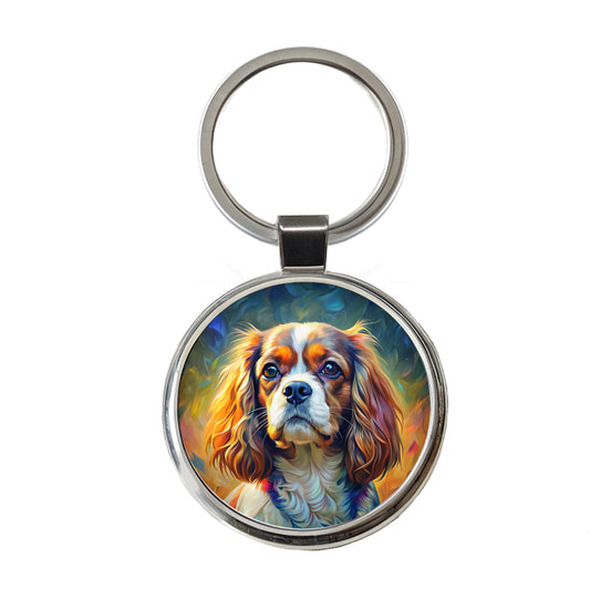 Cavalier King Charles Spaniel Dog Expressionism Art Round Metal Keychain