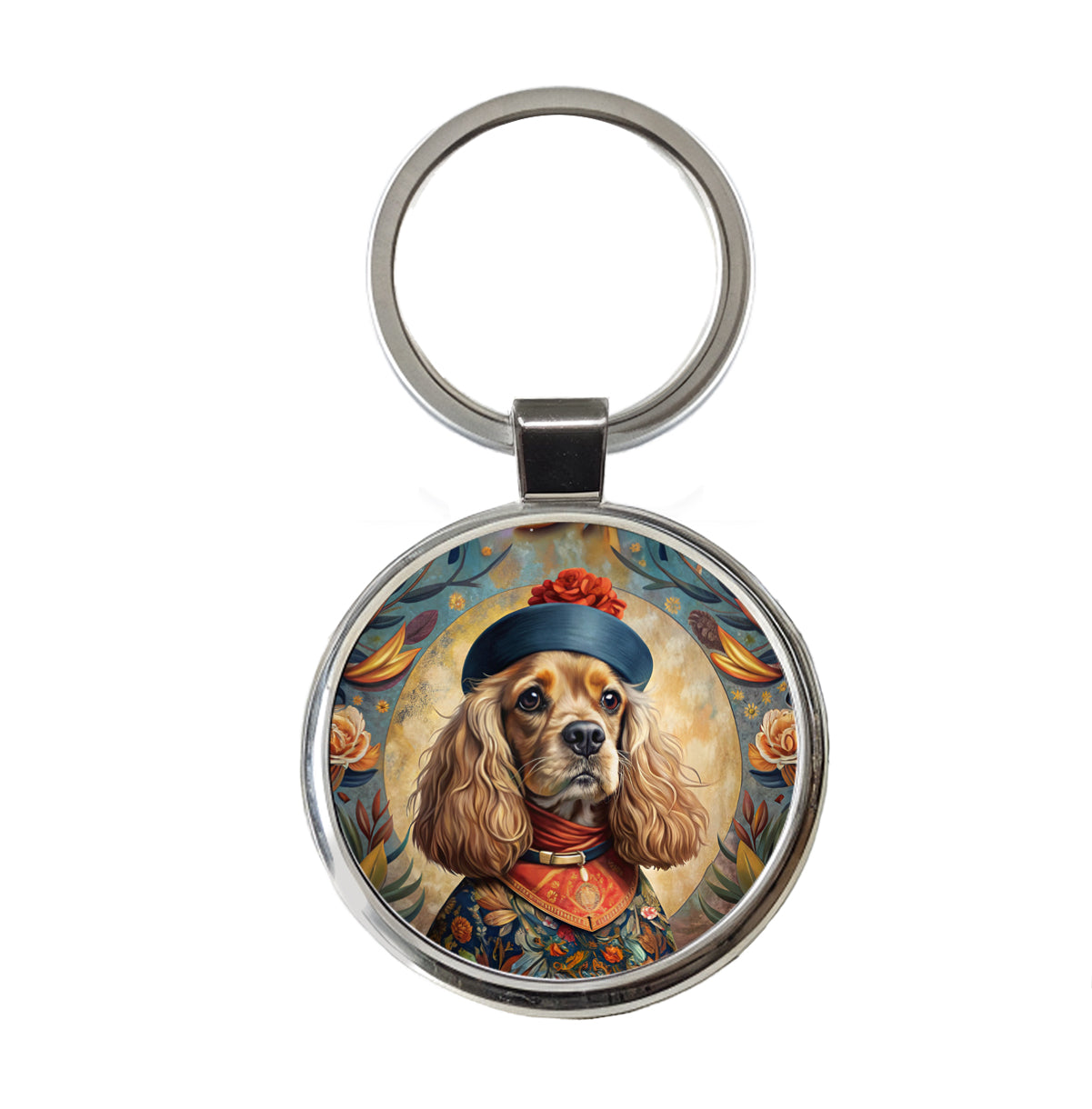 Cavalier King Charles Spaniel Dog French Bohemian Art Round Metal Keychain