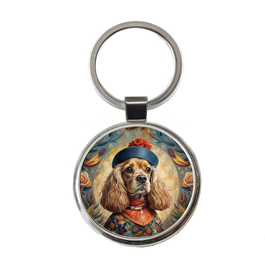 Cavalier King Charles Spaniel Dog French Bohemian Art Round Metal Keychain