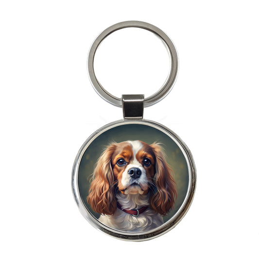 Cavalier King Charles Spaniel Dog Illustration Round Metal Keychain