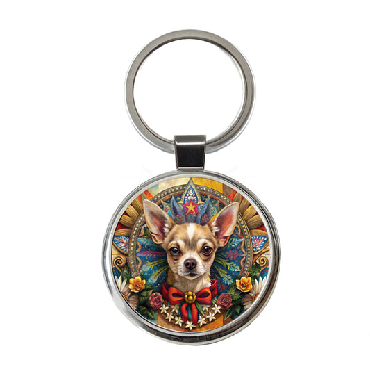 Chihuahua Dog French Bohemian Art Round Metal Keychain