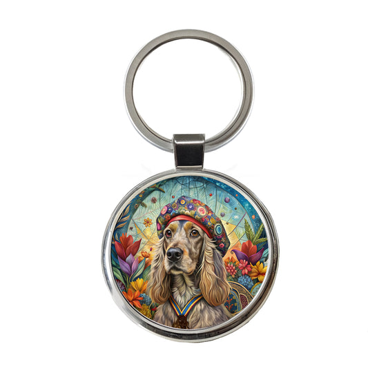 Cocker Spaniel Dog French Bohemian Art Round Metal Keychain