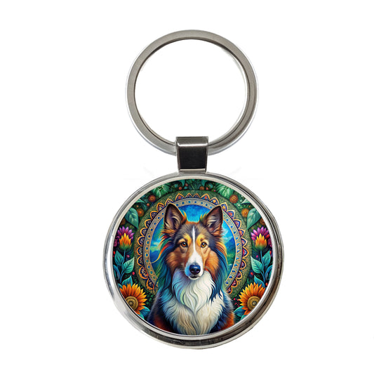 Collie Dog Bohemian Art Round Metal Keychain