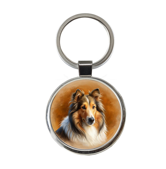 Collie Dog Illustration Round Metal Keychain
