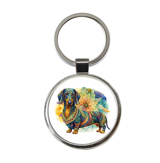 Dachshund Dog Bohemian Art Round Metal Keychain