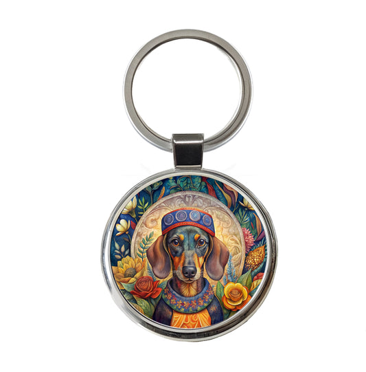 Dachshund Dog French Bohemian Art Round Metal Keychain