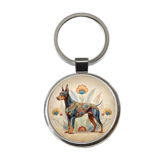 Doberman Pinscher Dog French Bohemian Art Round Metal Keychain