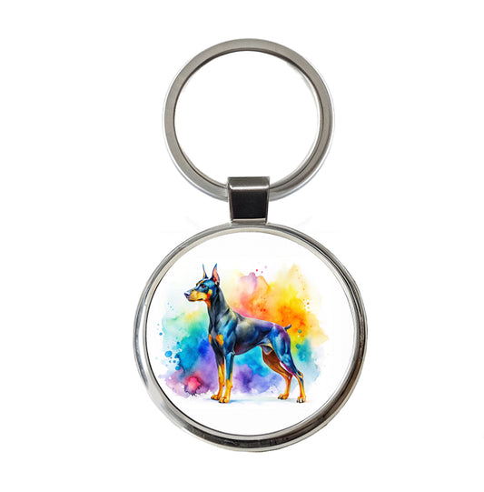 Doberman Pinscher Dog Watercolor Style Round Metal Keychain