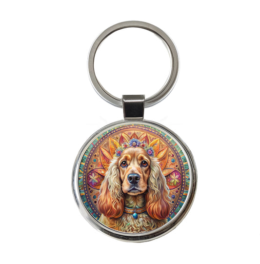 English Cocker Spaniel Dog Bohemian Art Round Metal Keychain