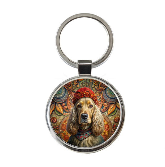 English Cocker Spaniel Dog French Bohemian Art Round Metal Keychain