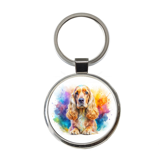 English Cocker Spaniel Dog Watercolor Style Round Metal Keychain