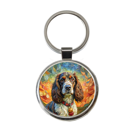 English Springer Spaniel Dog Bohemian Art Round Metal Keychain